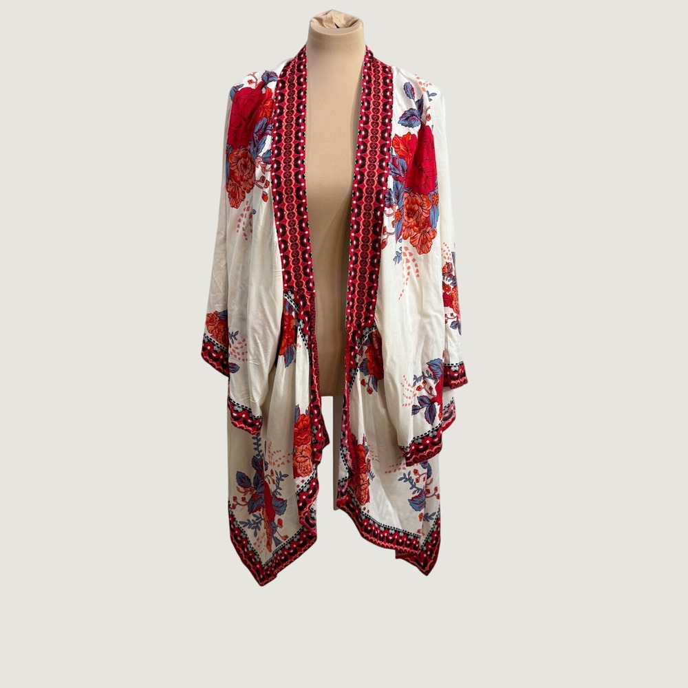 Flying Tomato S/M Floral Kimono Cardigan Boho Artsy Red White Open Front Duster
